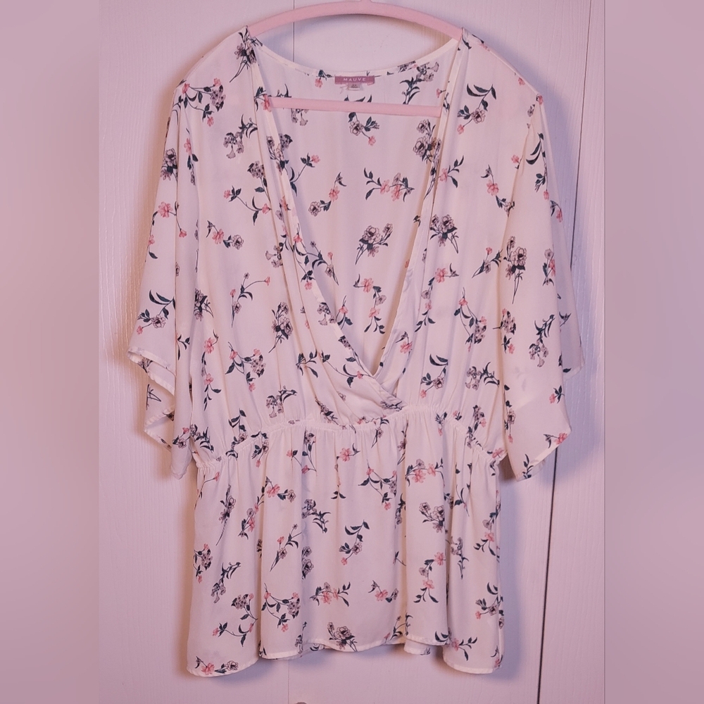 Mauve Cream Floral Peplum Surplice Blouse Size 2X Flowy Top Boxy Feminine Boho
